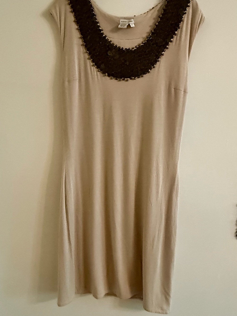 Boston Proper Taupe Midi Dress with Dark Beaded Scoop Neck -NWOT